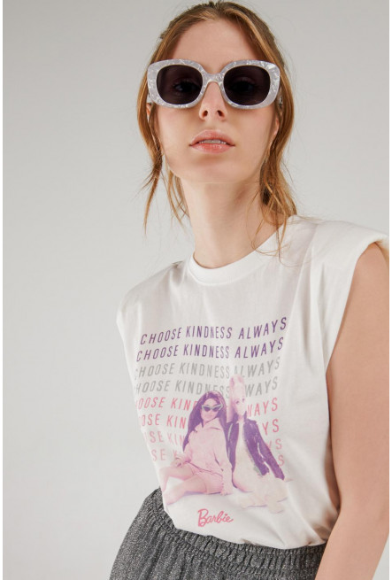 Camiseta, con hombreras con estampado en frente de Barbie