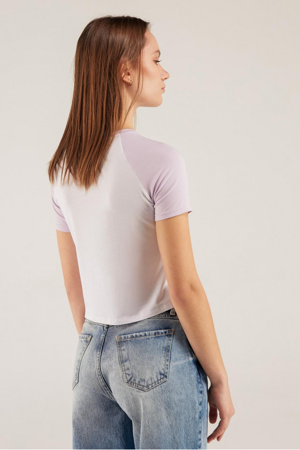 Camiseta, manga corta, con estampado en frente con mangas y cuello en contraste