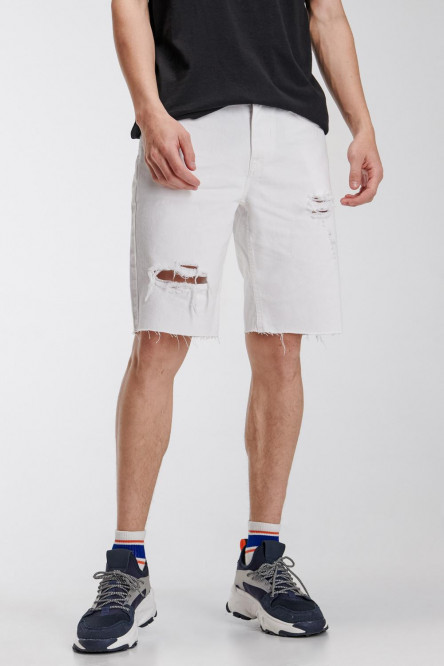 Bermuda Slim de jean blanca, tiro bajo con rotos
