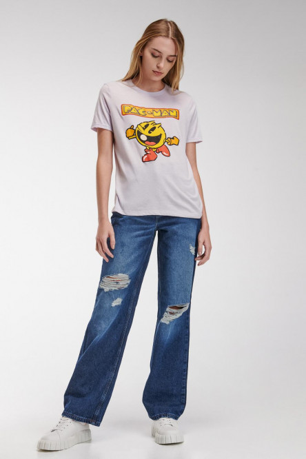 Camiseta, manga corta, estampada en frente y manga de Pacman.