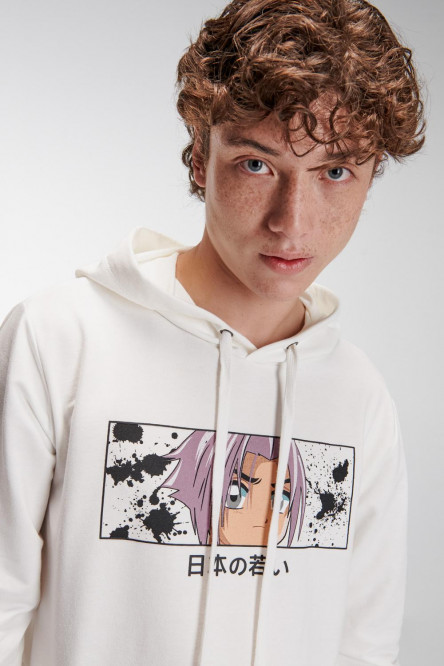 Buzo básico cerrado con capota estampado.