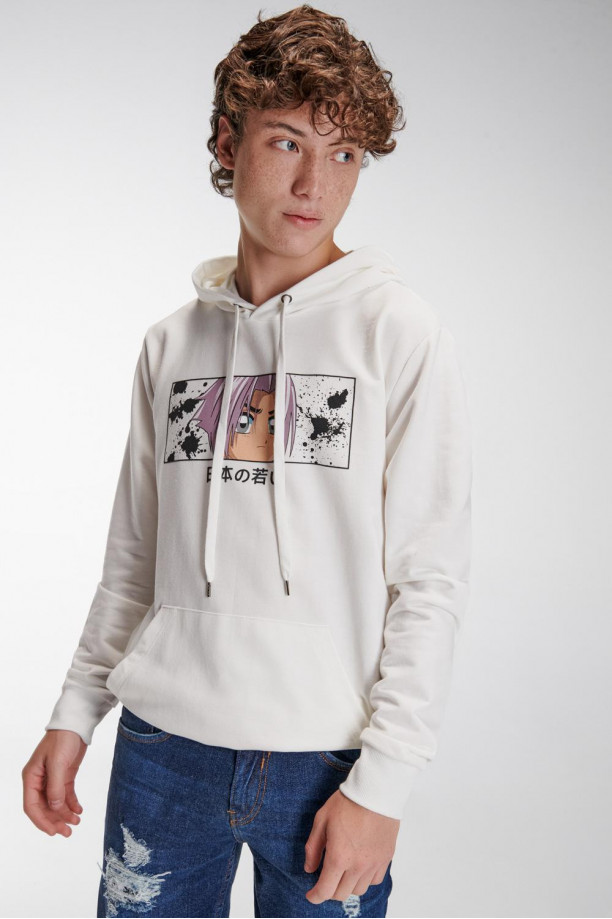 Buzo básico cerrado con capota estampado.