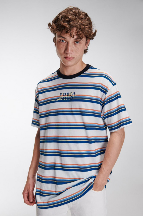 Camiseta estampada, cuello redondo, manga corta con rayas y estampado frente