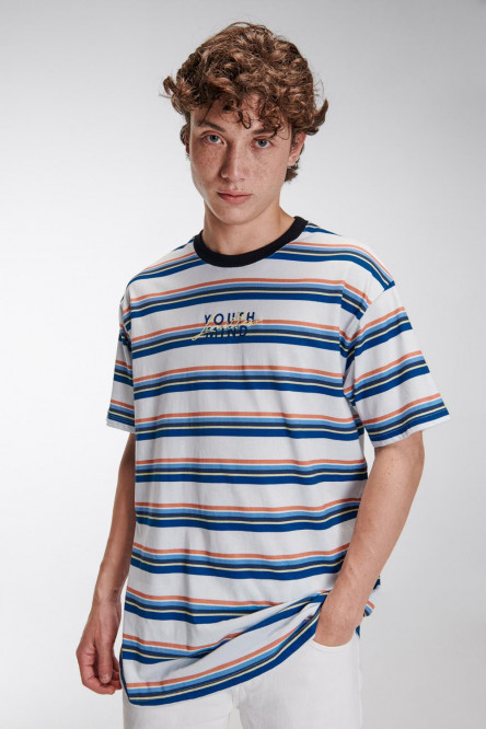 Camiseta estampada, cuello redondo, manga corta con rayas y estampado frente