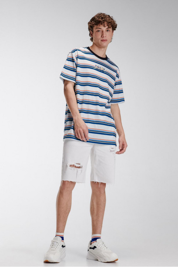 Camiseta estampada, cuello redondo, manga corta con rayas y estampado frente