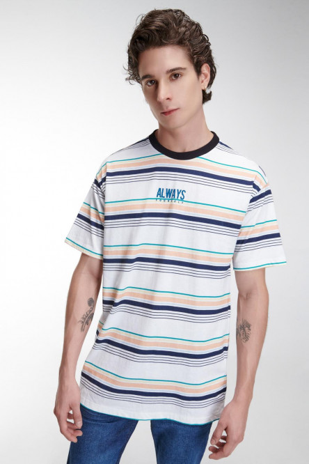 Camiseta estampada, cuello redondo, manga corta con rayas y estampado frente