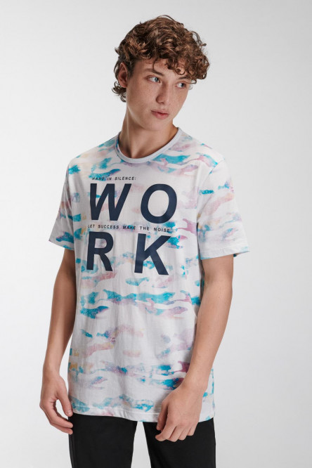 Camiseta estampada, cuello redondo, manga corta con rayas y estampado frente