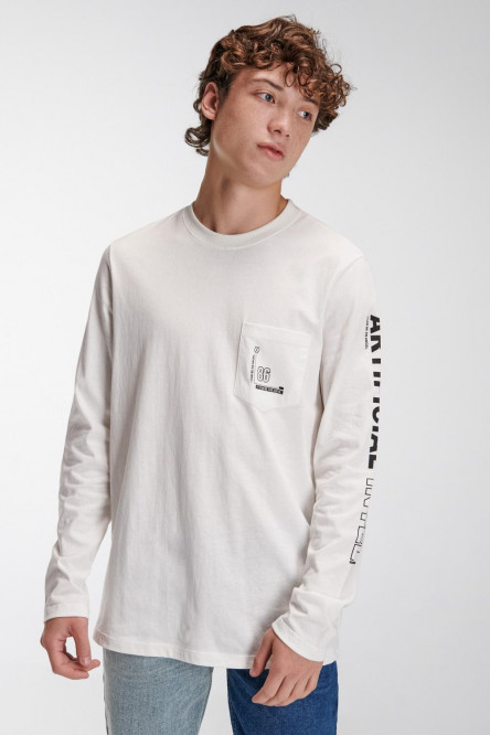 Camiseta estampada, cuello redondo, manga larga y bolsillo parche con estampado