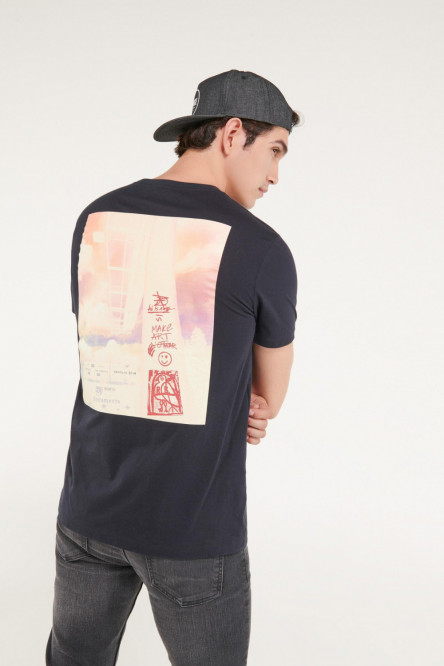 Camiseta para hombre fondo unicolor, manga corta con estampado en frente y espalda