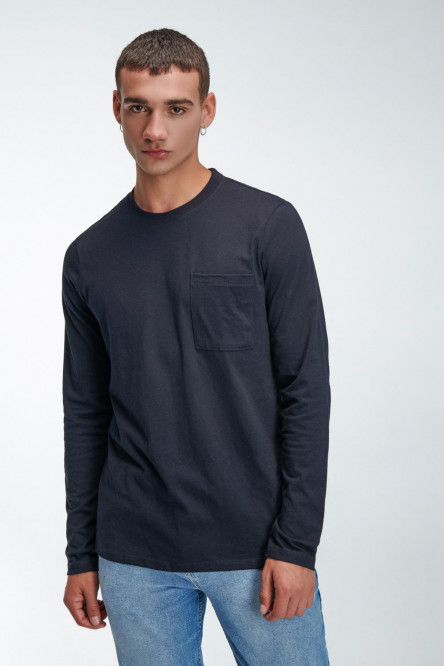 Camiseta para hombre, manga larga, unicolor con bolsillo en frente