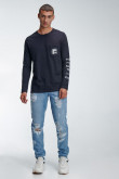 Camiseta, para hombre, manga larga, cuello redondo, bolsillo parche con estampado en bolsillo y manga
