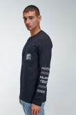 Camiseta, para hombre, manga larga, cuello redondo, bolsillo parche con estampado en bolsillo y manga
