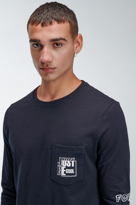 Camiseta, para hombre, manga larga, cuello redondo, bolsillo parche con estampado en bolsillo y manga