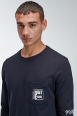 Camiseta, para hombre, manga larga, cuello redondo, bolsillo parche con estampado en bolsillo y manga