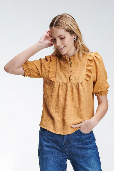Blusa para mujer cuello alto con elástico y puño ancho con elástico