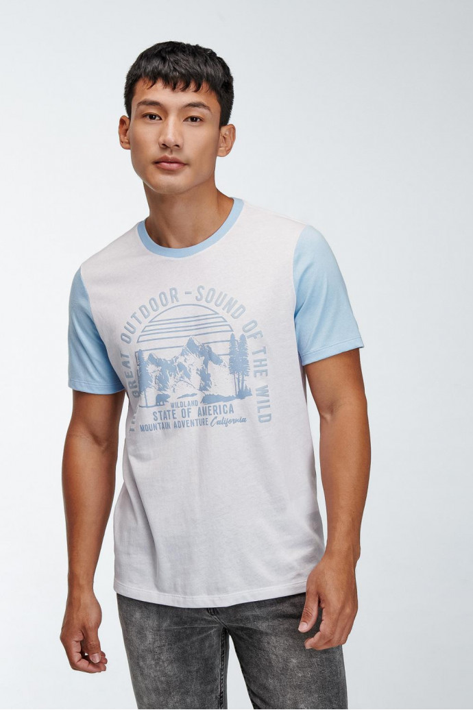 Camiseta básica manga corta estampada con cuello y mangas en contraste.