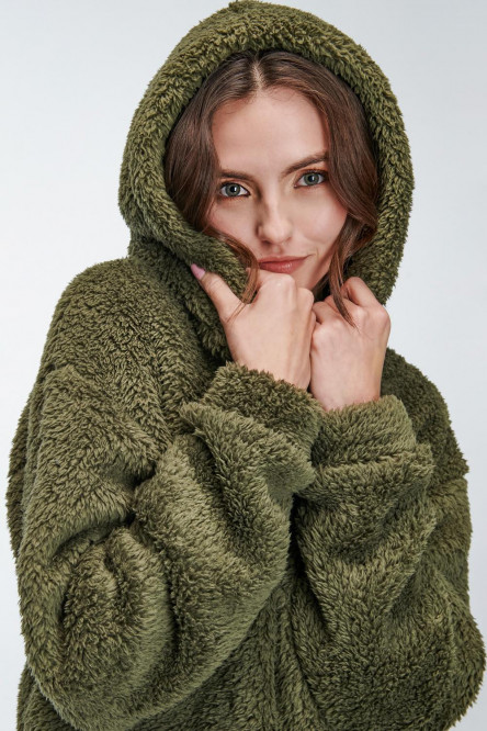 Buzo para mujer sin estampado, con capota y elástico en ruedo.