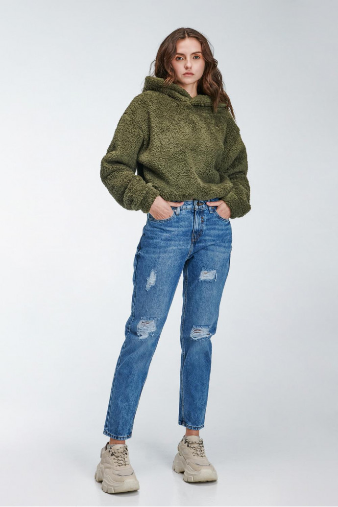 Buzo para mujer sin estampado, con capota y elástico en ruedo.