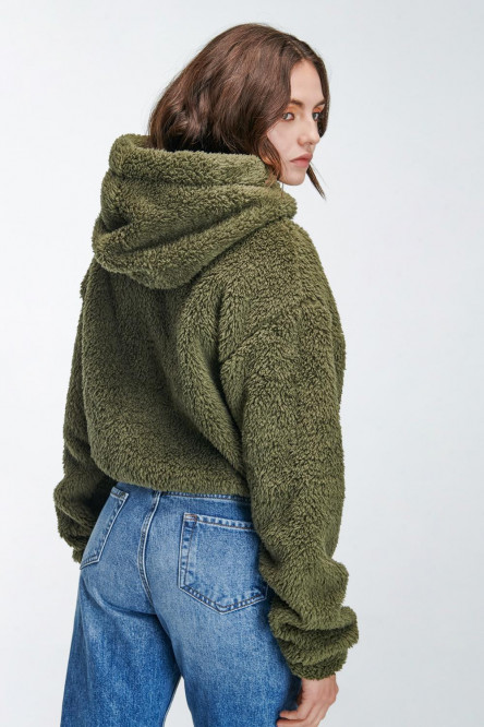 Buzo para mujer sin estampado, con capota y elástico en ruedo.