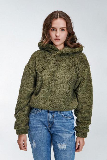 Buzo para mujer sin estampado, con capota y elástico en ruedo.