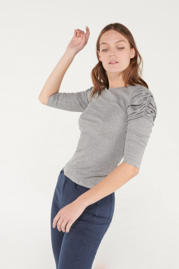 Camiseta en rib unicolor manga corta con recogido