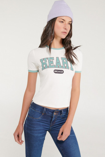 Camiseta cuello redondo, manga corta,puño en contraste, estampada