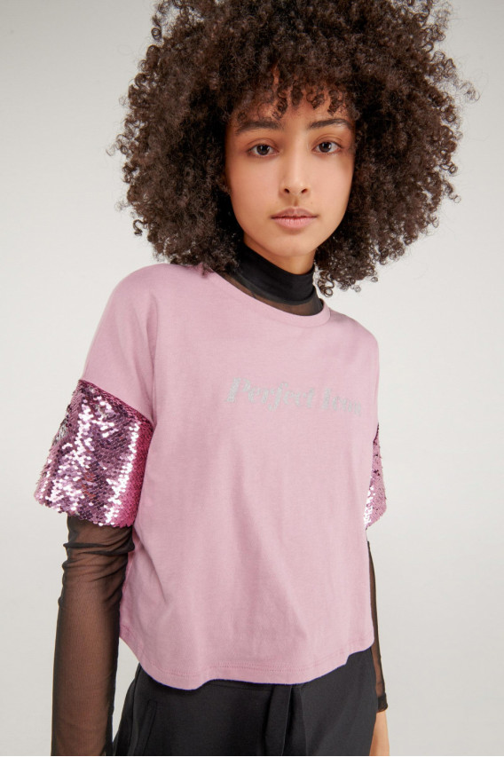 Camiseta estampada manga corta en lentejuelas, estampado en shimmer