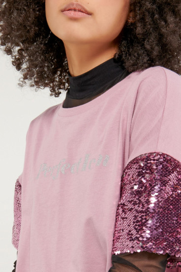 Camiseta estampada manga corta en lentejuelas, estampado en shimmer