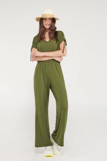 Pantalón enterizo unicolor, escote cruzado