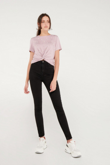 Camiseta unicolor con perlas, chic.