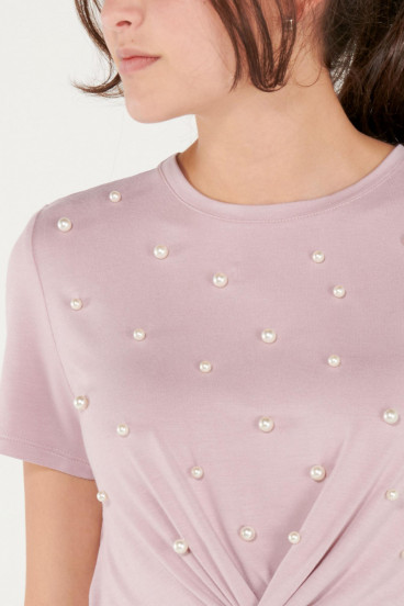 Camiseta unicolor con perlas, chic.