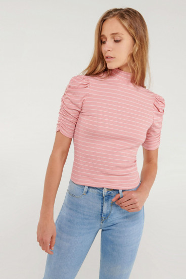 Camiseta, manga corta con recogido en rayas
