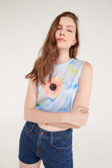Camiseta sin mangas con estampado, Girasol.