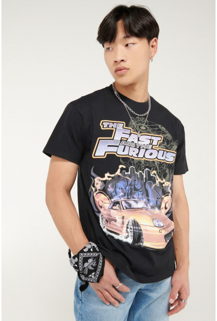 Camiseta cuello redondo con estampado frente y espalda de Rápidos y Furiosos.