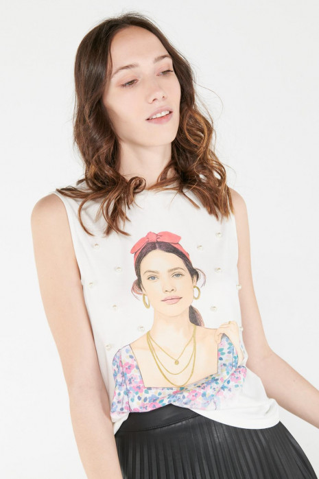 Camiseta sin mangas, estampada con perlas