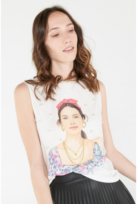 Camiseta sin mangas, estampada con perlas