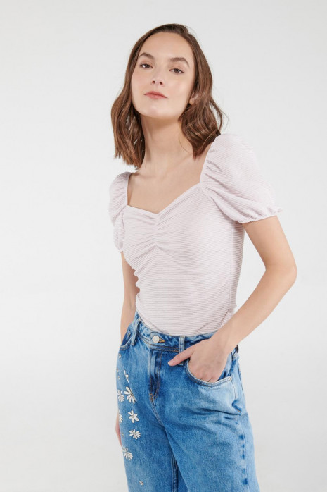 Camiseta manga corta abullonada, unicolor