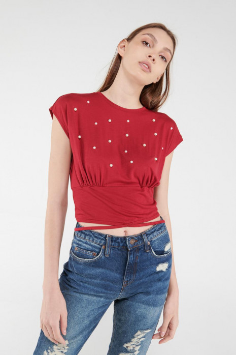 Camiseta manga corta unicolor con perlas