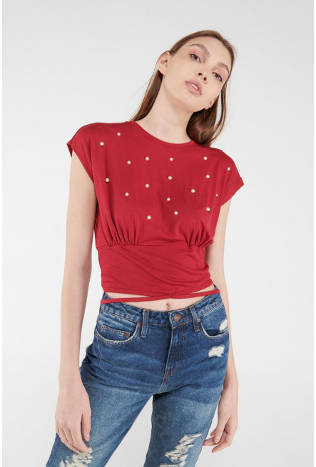Camiseta manga corta unicolor con perlas