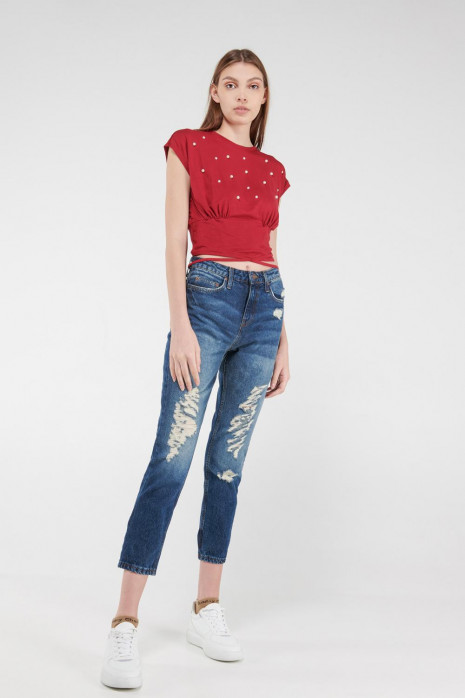 Camiseta manga corta unicolor con perlas