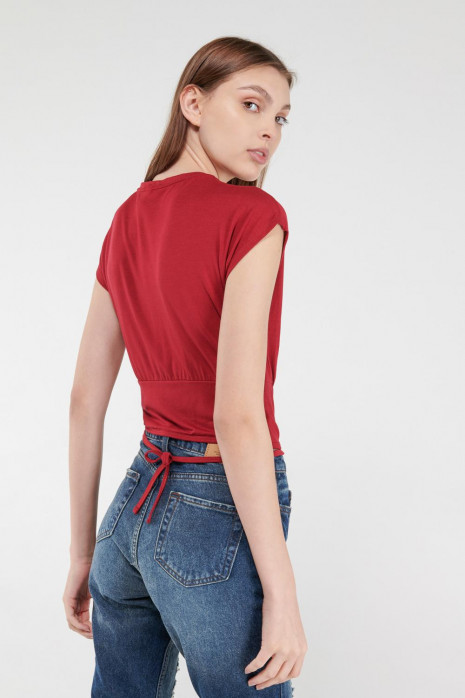 Camiseta manga corta unicolor con perlas