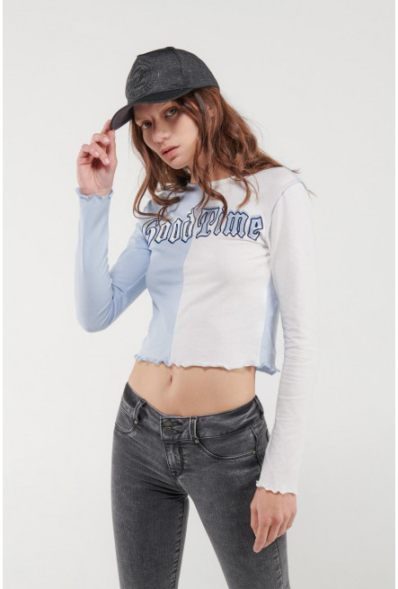 Camiseta, manga larga, con tela doble color, estampado en frente.
