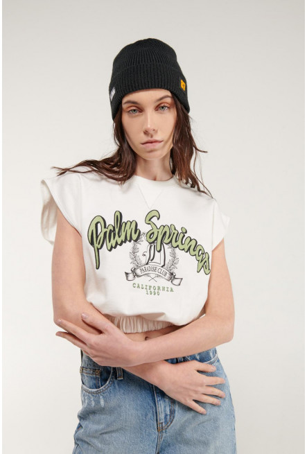 Camiseta sin mangas estampada con elástico en cintura.