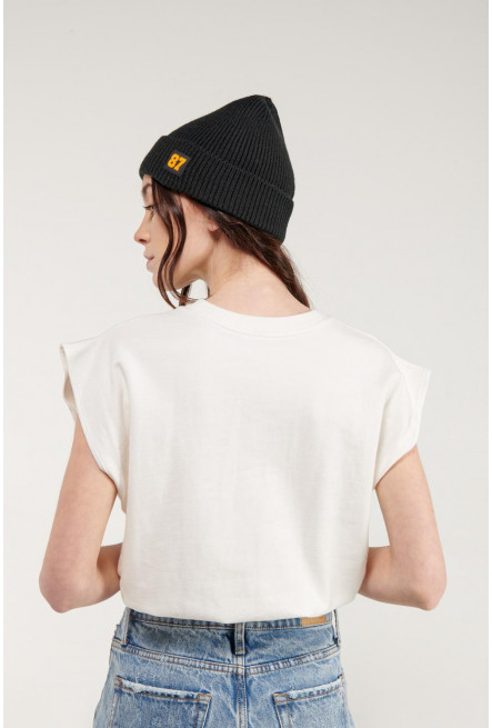 Camiseta sin mangas estampada con elástico en cintura.