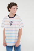 Camiseta estampada a rayas, cuello redondo, manga corta y estampado en frente.