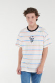 Camiseta estampada a rayas, cuello redondo, manga corta y estampado en frente.
