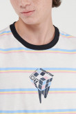 Camiseta estampada a rayas, cuello redondo, manga corta y estampado en frente.