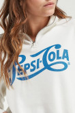 Buzo para mujer con estampado en frente y mangas de Pepsi.