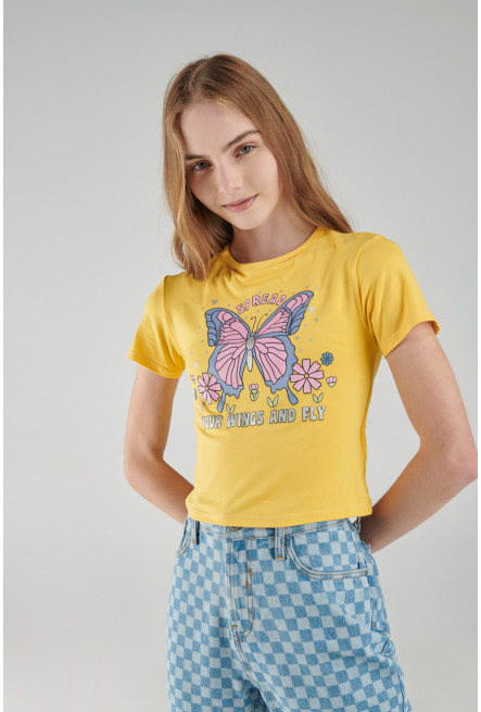 Camiseta, puños en contraste y estampado en frente.